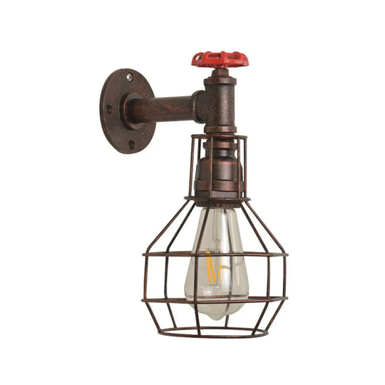 Retro Grenade Cage Wall Light With Water Valve - Rustic Metallic Restaurant Fixture Rust