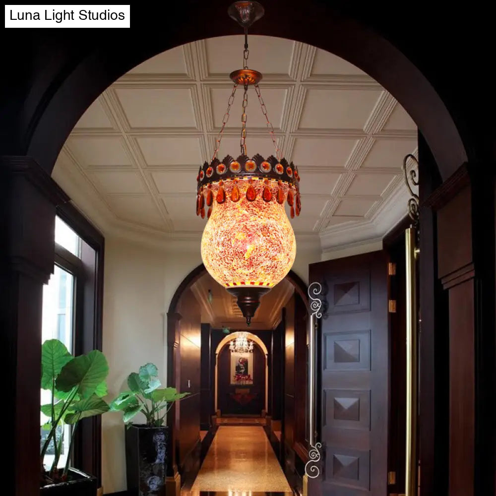 Retro Hand-Cut Glass Copper Urn Pendant With Down Lighting For Living Room Ceiling