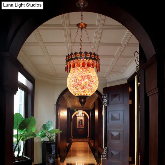 Retro Hand-Cut Glass Copper Urn Pendant With Down Lighting For Living Room Ceiling