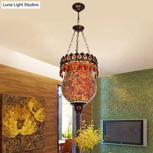 Retro Hand-Cut Glass Copper Urn Pendant With Down Lighting For Living Room Ceiling