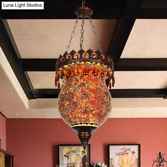 Retro Hand-Cut Glass Copper Urn Pendant With Down Lighting For Living Room Ceiling