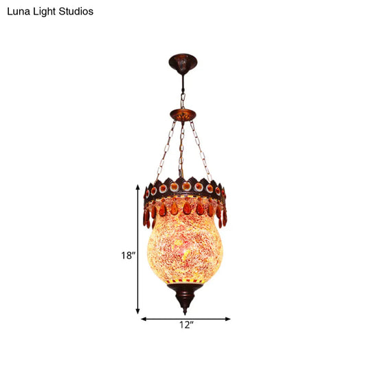 Retro Hand-Cut Glass Copper Urn Pendant With Down Lighting For Living Room Ceiling