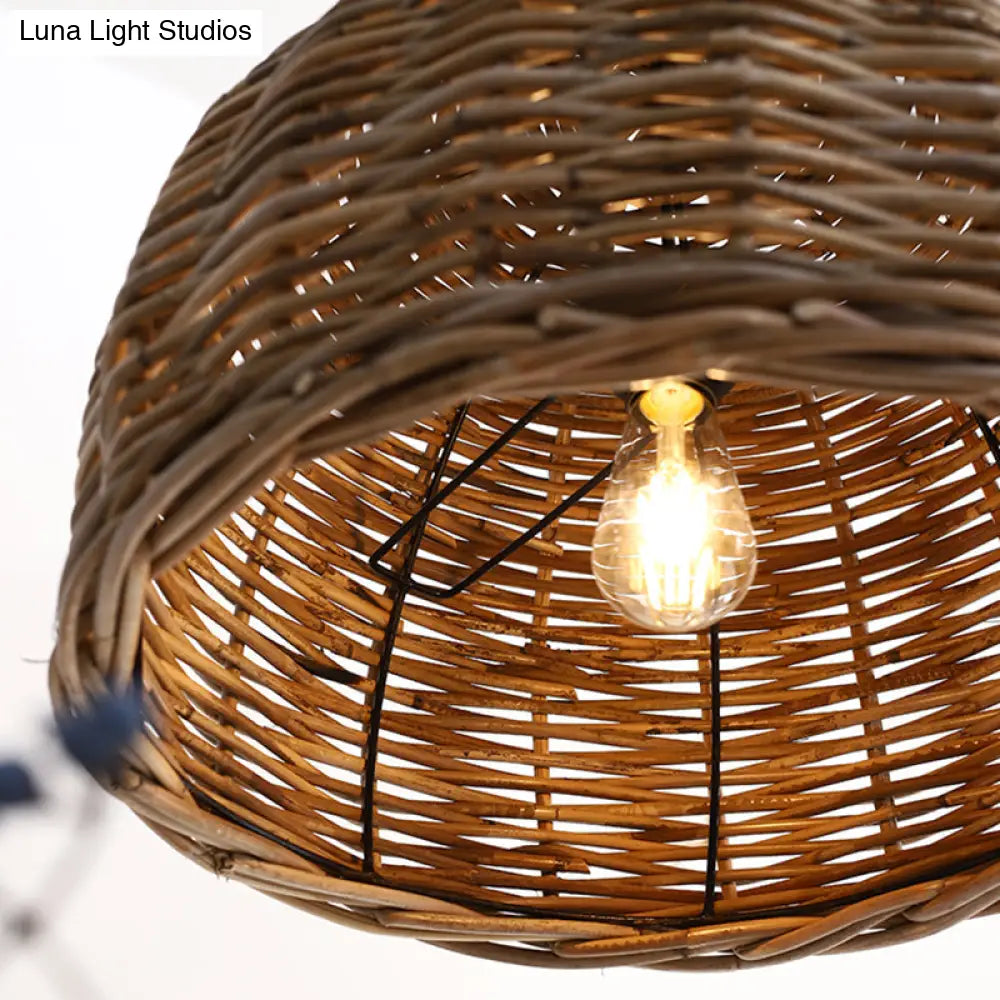 Retro Hand-Woven Rattan Bird Nest Shade Coffee Shop Hanging Light Fixture