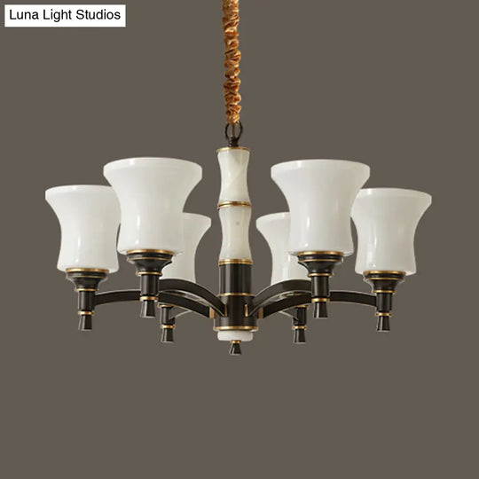 Retro Hanging Chandelier With White Bell Glass Shades - 6/8 Lights Black Finish