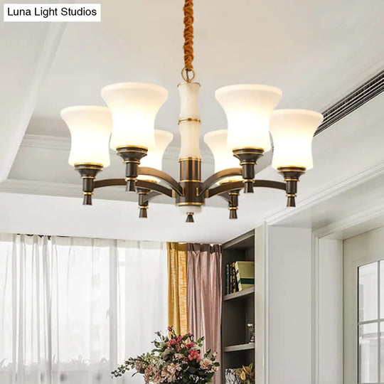 Retro Hanging Chandelier With White Bell Glass Shades - 6/8 Lights Black Finish