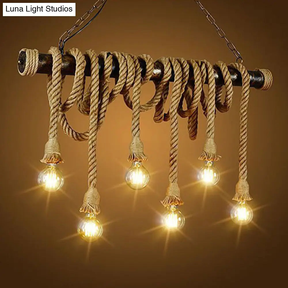 Retro Hemp Rope Exposed Bulb Pendant Light Fixture For Ceiling Ideal Restaurants - Flaxen Island