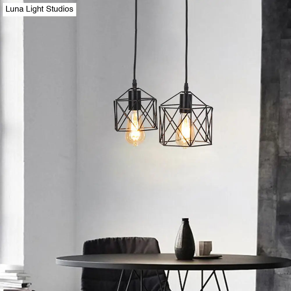 Hexagon Frame Multi Pendant Retro Style Black Metal Ceiling Hang Fixture With 2 Lights