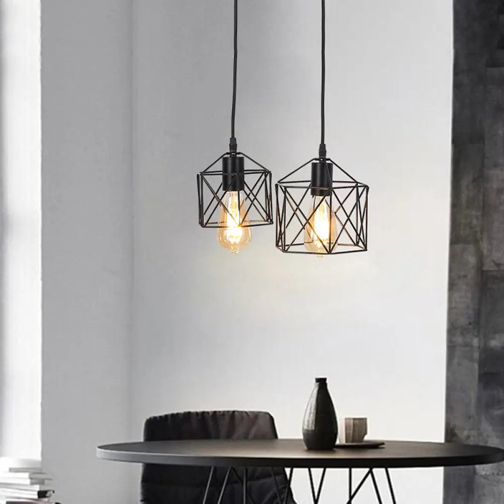 Retro Hexagon Multi-Pendant Ceiling Fixture With Black Metal Frame And 2 Lights