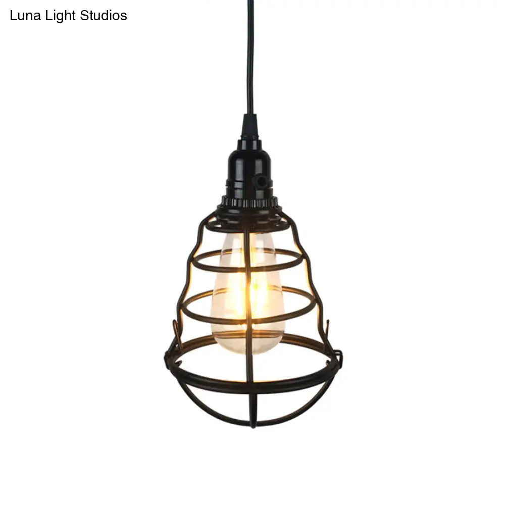 Retro Industrial 1-Head Hanging Lamp: Iron Wire Guard Black Finish