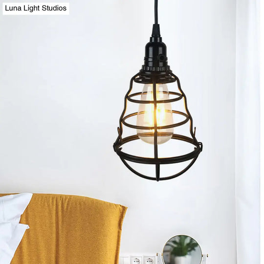 Retro Industrial 1-Head Hanging Lamp: Iron Wire Guard Black Finish