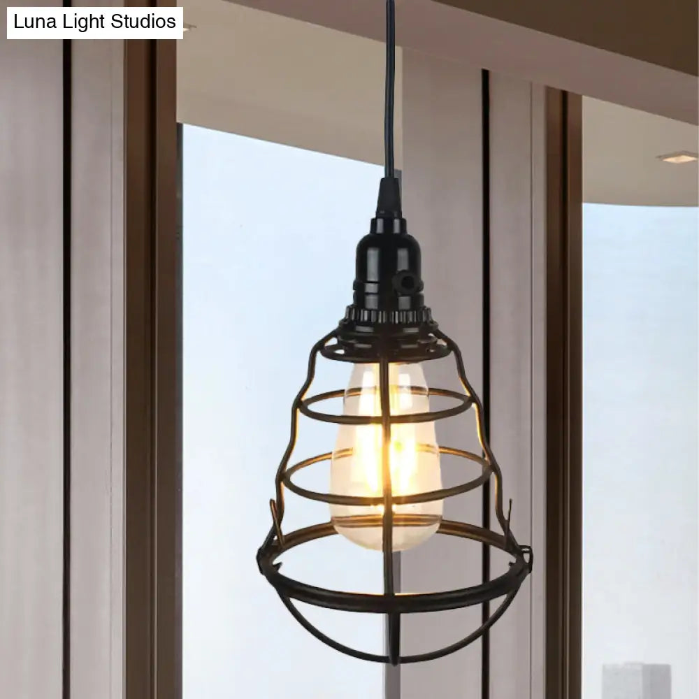 Retro Industrial 1-Head Hanging Lamp: Iron Wire Guard Black Finish