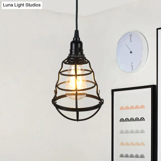 Industrial Retro Hanging Lamp With Iron Wire Guard - 1 Head Dining Table Ceiling Light Fixture In