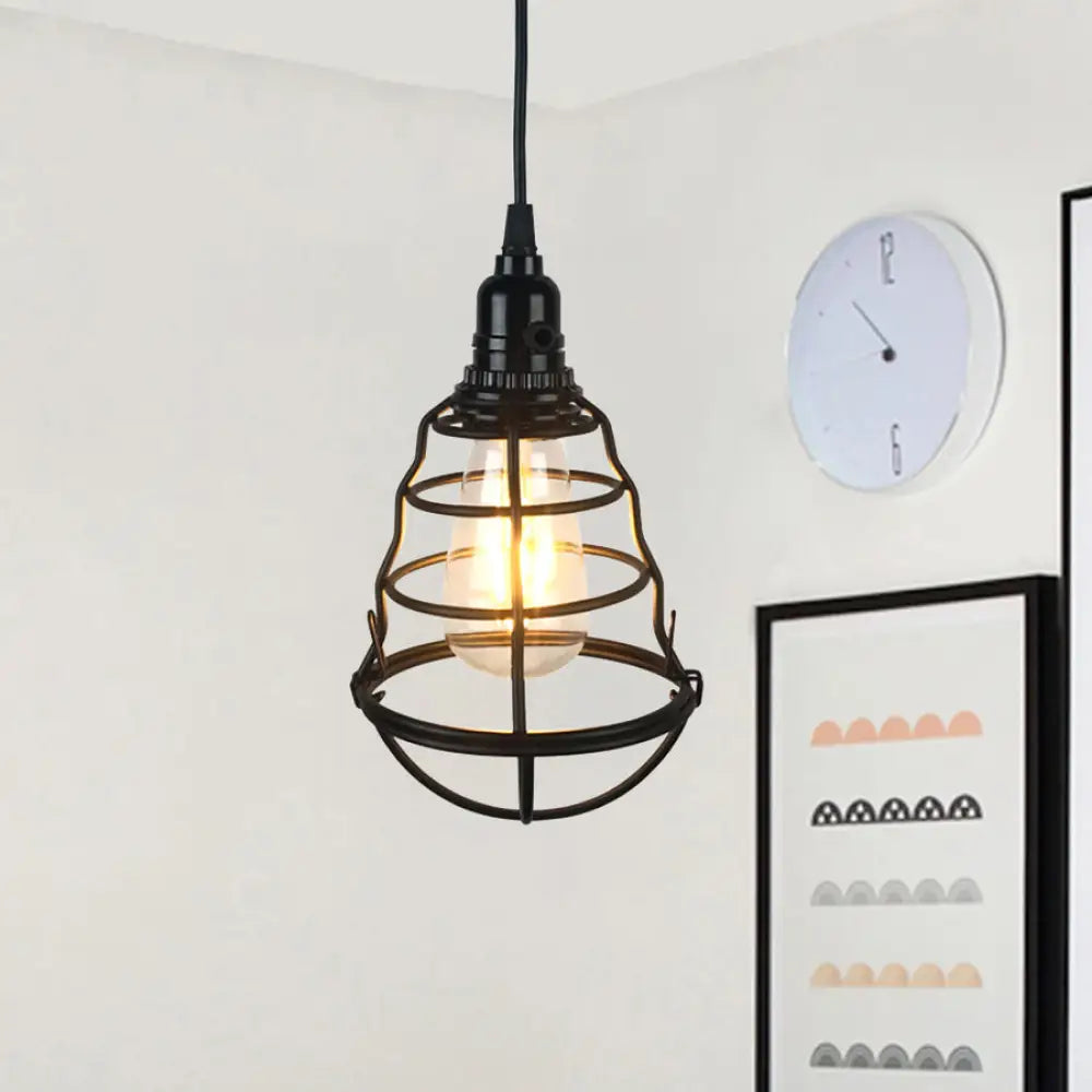 Retro Industrial 1-Head Hanging Lamp: Iron Wire Guard Black Finish