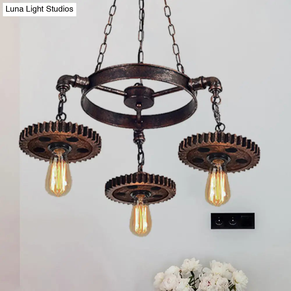 Retro Industrial 3-Head Pendant Light With Dark Rust Finish - Exposed Bulbs Metal Construction And