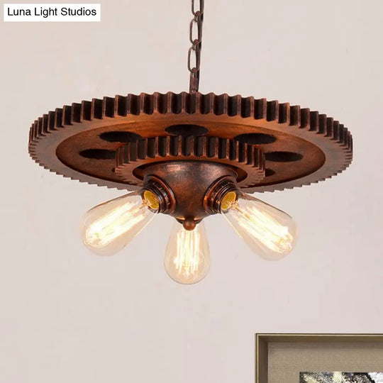 Industrial 3-Head Rust Pendant Light With Exposed Bulbs And Gear Decoration For Restaurants