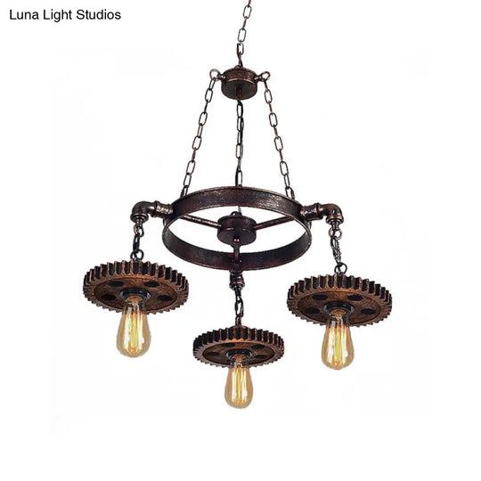 Industrial 3-Head Rust Pendant Light With Exposed Bulbs And Gear Decoration For Restaurants