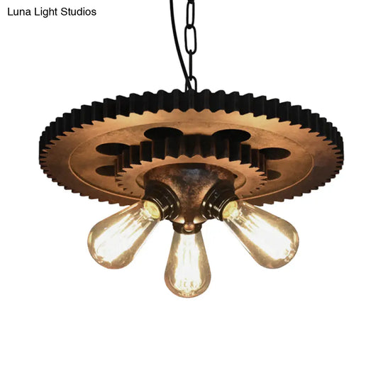 Retro Industrial 3-Head Pendant Light With Dark Rust Finish - Exposed Bulbs Metal Construction And