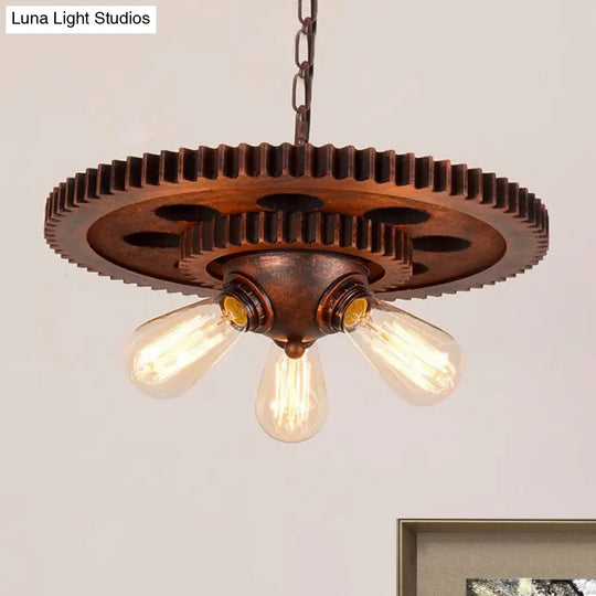 Retro Industrial 3-Head Pendant Light With Dark Rust Finish - Exposed Bulbs Metal Construction And