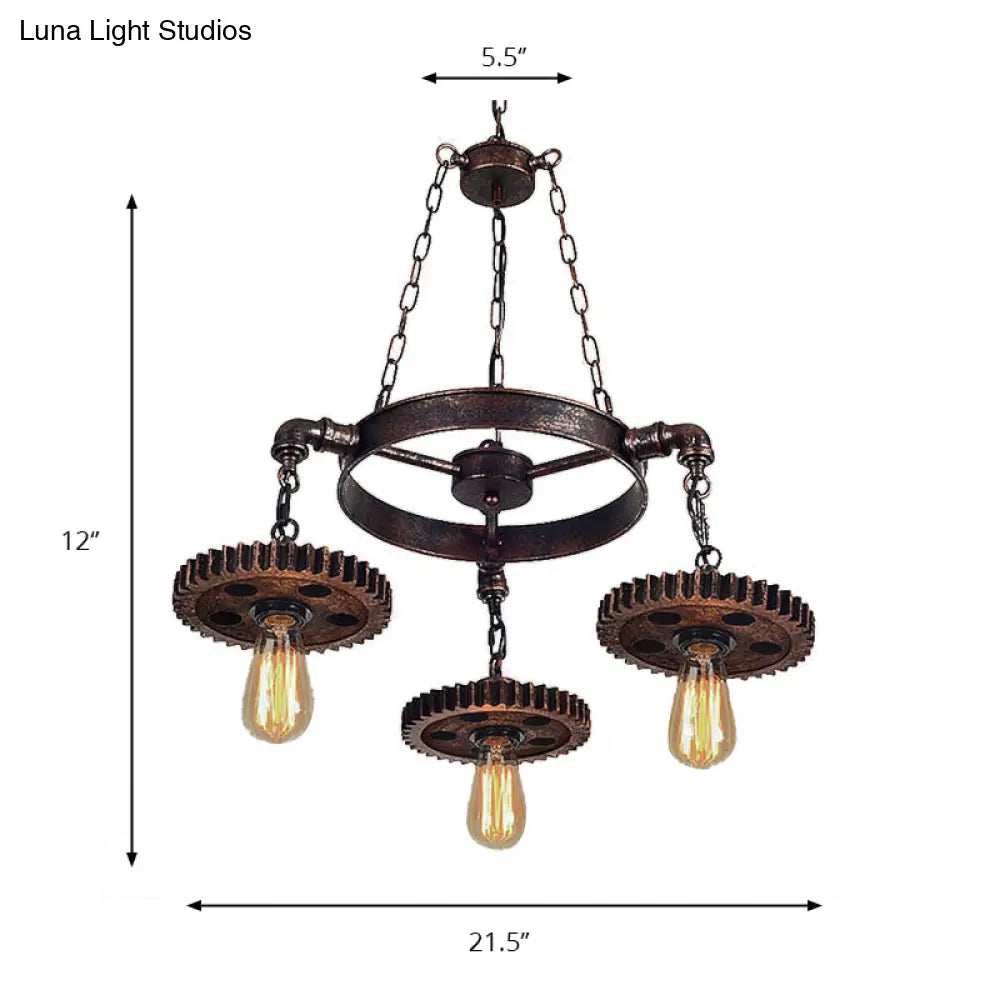 Retro Industrial 3-Head Pendant Light With Dark Rust Finish - Exposed Bulbs Metal Construction And