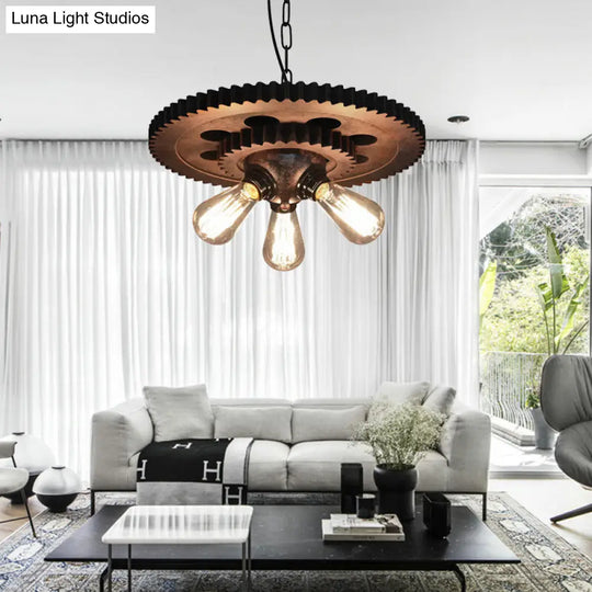 Industrial 3-Head Rust Pendant Light With Exposed Bulbs And Gear Decoration For Restaurants / B