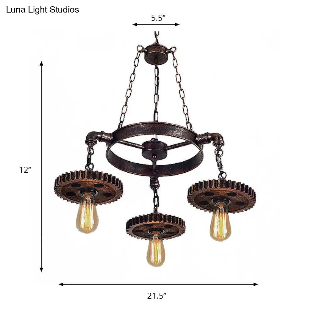 Industrial 3-Head Rust Pendant Light With Exposed Bulbs And Gear Decoration For Restaurants