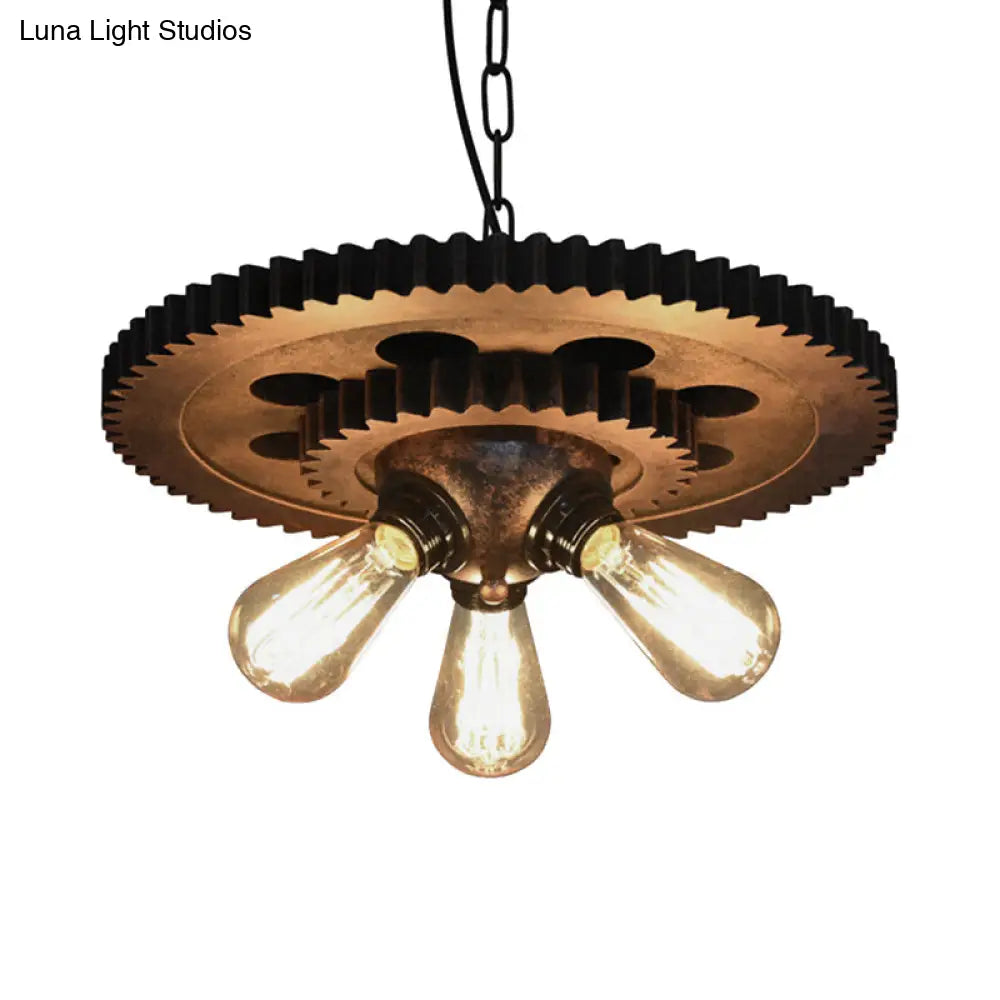 Industrial 3-Head Rust Pendant Light With Exposed Bulbs And Gear Decoration For Restaurants