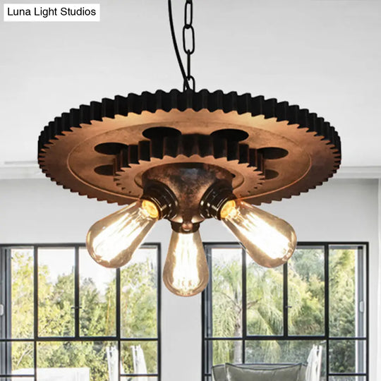 Retro Industrial 3-Head Pendant Light With Dark Rust Finish - Exposed Bulbs Metal Construction And