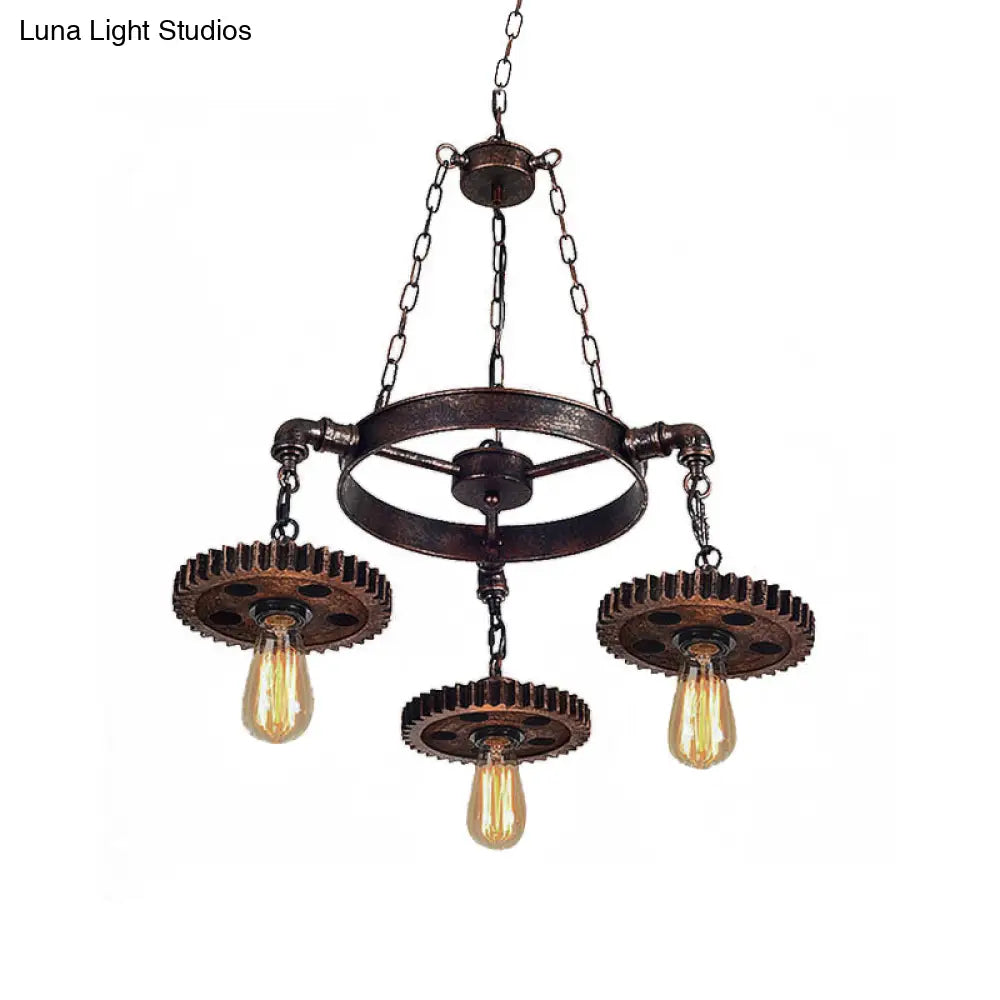 Retro Industrial 3-Head Pendant Light With Dark Rust Finish - Exposed Bulbs Metal Construction And