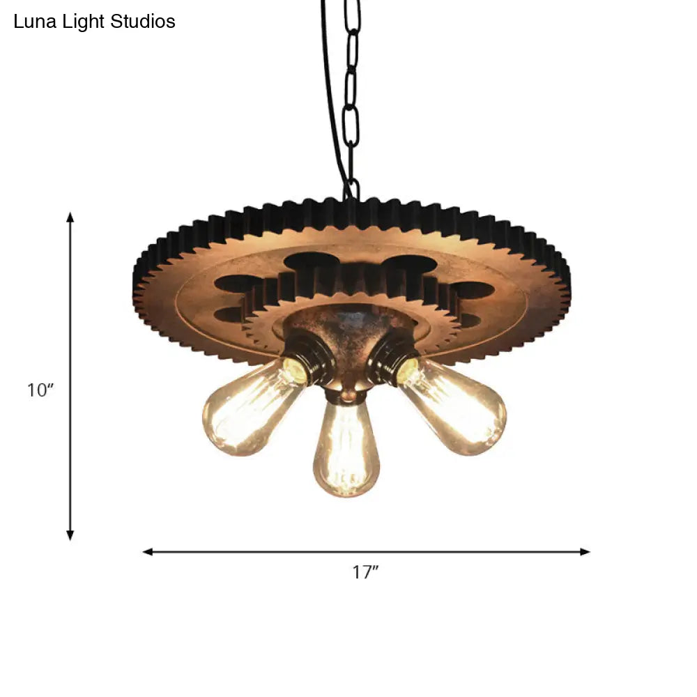 Industrial 3-Head Rust Pendant Light With Exposed Bulbs And Gear Decoration For Restaurants