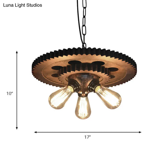 Industrial 3-Head Rust Pendant Light With Exposed Bulbs And Gear Decoration For Restaurants