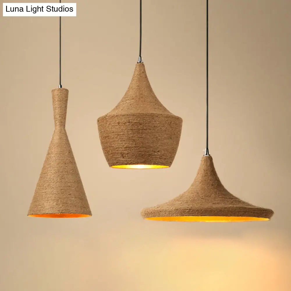 Retro Industrial 3-Light Beige Rope Pendant For Dining Room