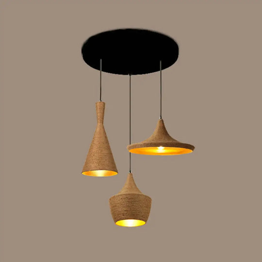 Retro Industrial 3-Light Beige Rope Pendant For Dining Room / Round