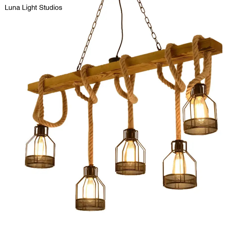 Retro Industrial 5-Head Hanging Light With Adjustable Rope - Brown