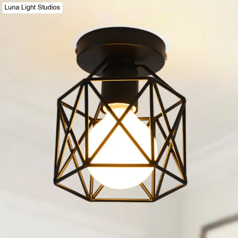 Retro Industrial Black Ceiling Light: Single Wire Frame Semi Flush For Kitchen