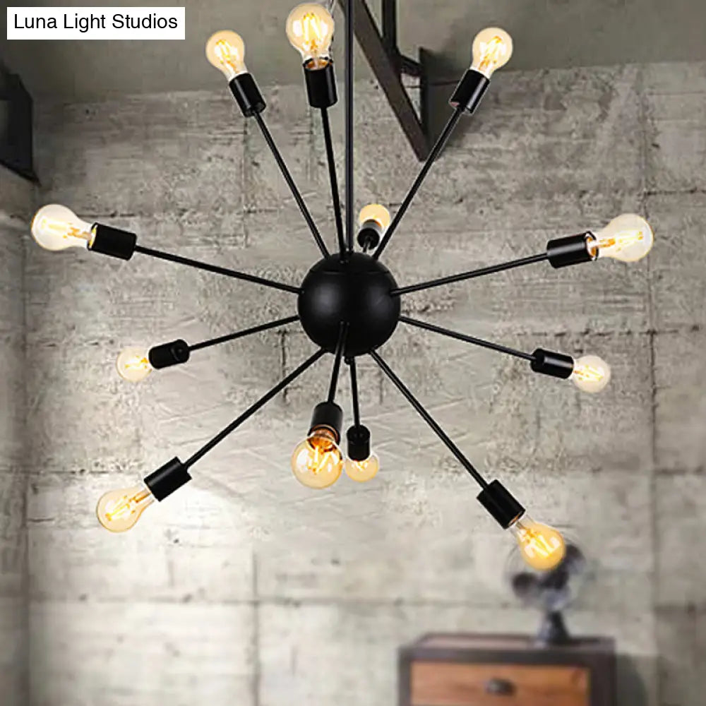 Industrial Black Sputnik Chandelier With 9/12 Lights - Retro Metal Pendant Fixture For Dining Room