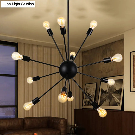 Industrial Black Sputnik Chandelier With 9/12 Lights - Retro Metal Pendant Fixture For Dining Room