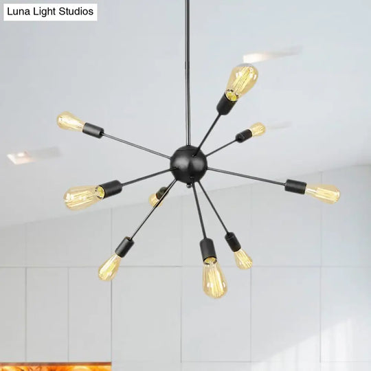 Industrial Black Sputnik Chandelier With 9/12 Lights - Retro Metal Pendant Fixture For Dining Room