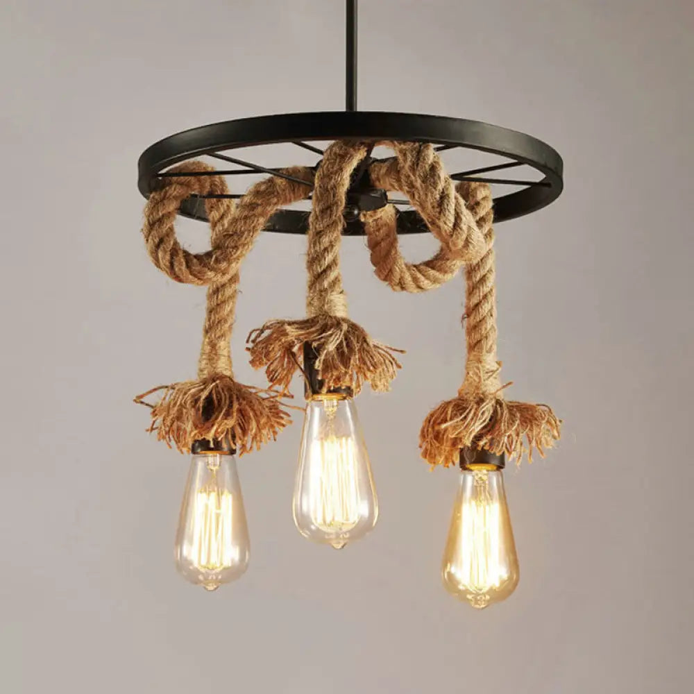 Retro Industrial Black Metal Wagon Wheel Chandelier With Rope Suspension - Restaurant Lighting 3 /