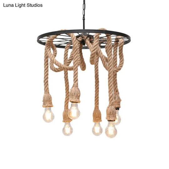 Retro Industrial Black Metal Wagon Wheel Chandelier With Rope Suspension - Restaurant Lighting