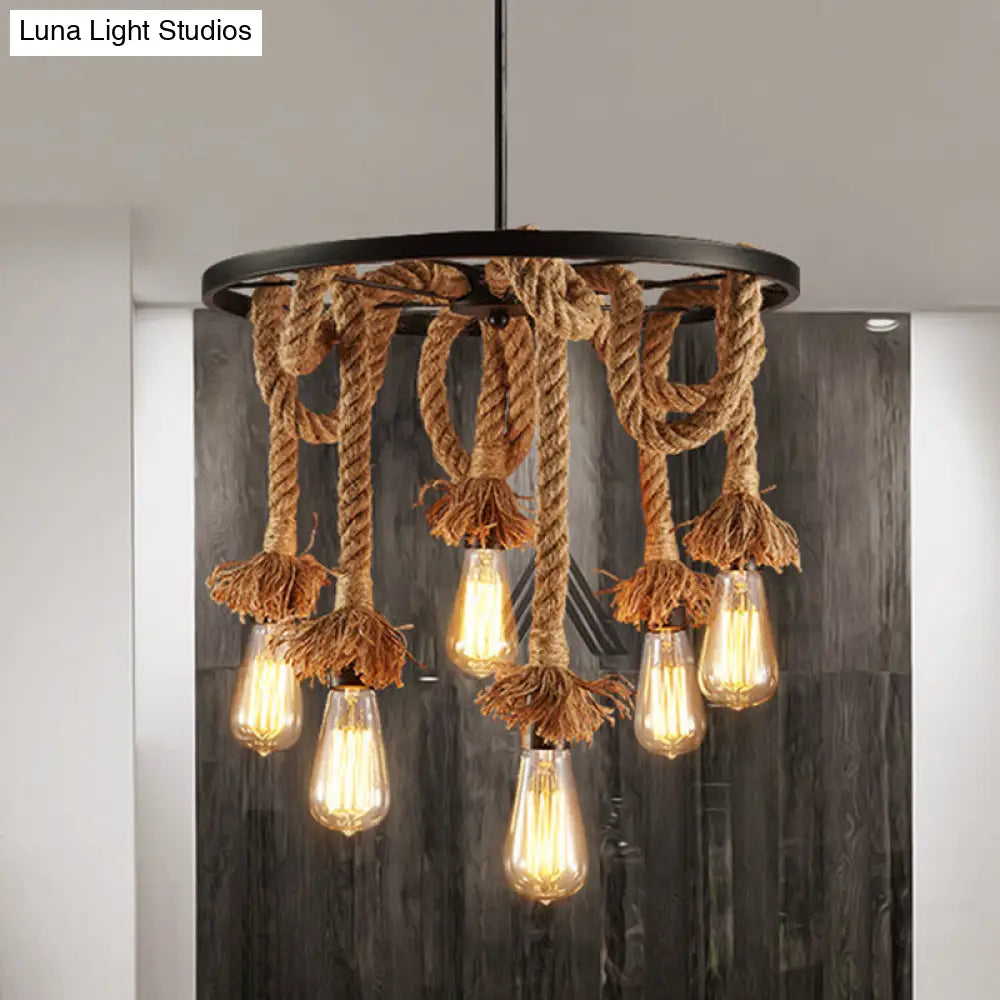 Retro Industrial Black Metal Wagon Wheel Chandelier With Rope Suspension - Restaurant Lighting