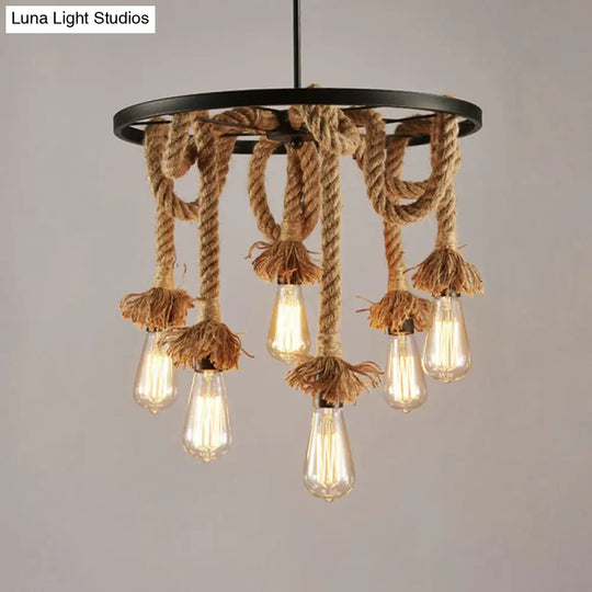 Retro Industrial Wagon Wheel Chandelier With Suspension Rope - Perfect For Restaurants 6 / Black