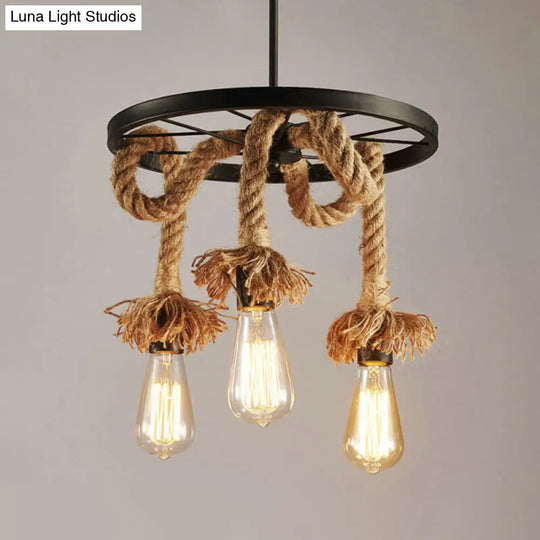 Retro Industrial Wagon Wheel Chandelier With Suspension Rope - Perfect For Restaurants 3 / Black