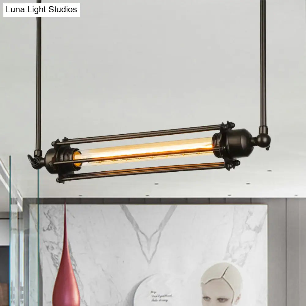 Retro Industrial Iron Hanging Light Fixture With Black Tube Cage Shade - 1 Pendant For Dining Room