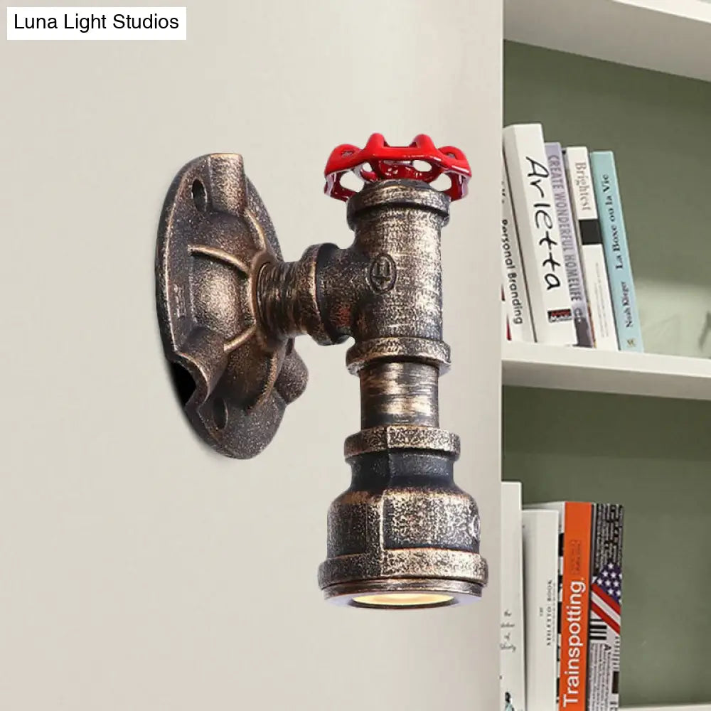 Retro Industrial Bronze Wall Sconce With Valve Wheel & 1 Light Pipe Shade - Indoor Metallic Lamp