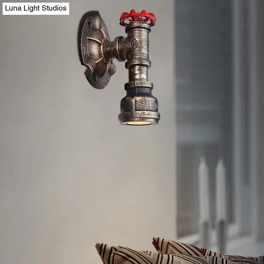 Retro Industrial Bronze Wall Sconce With Valve Wheel & 1 Light Pipe Shade - Indoor Metallic Lamp