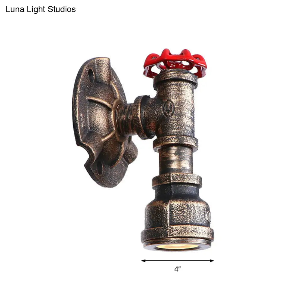 Retro Industrial Bronze Wall Sconce With Valve Wheel & 1 Light Pipe Shade - Indoor Metallic Lamp