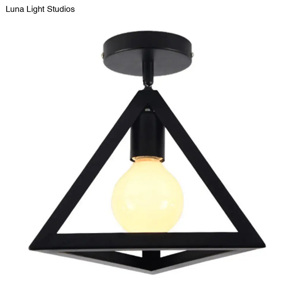 Retro Industrial Ceiling Light Fixture With Wrought Iron Frame - Black / Triangle
