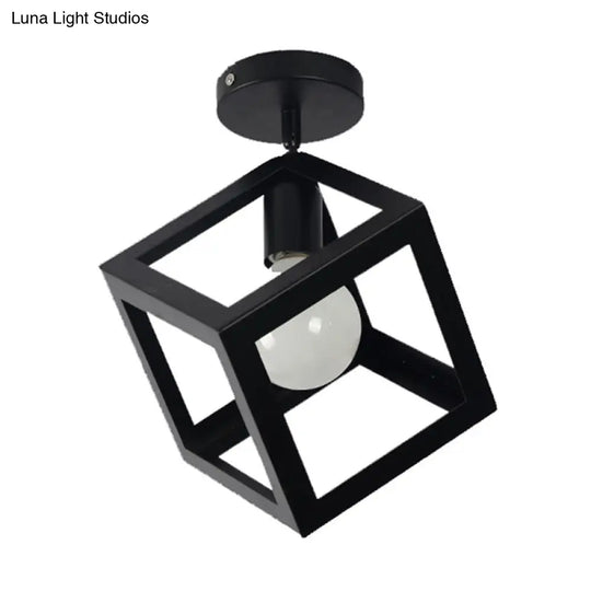 Retro Industrial Ceiling Light Fixture With Wrought Iron Frame - Black / Square