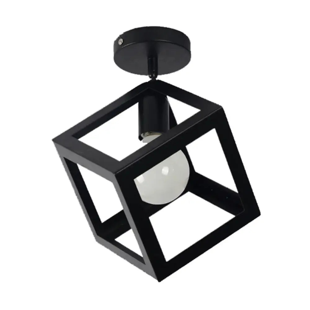 Retro Industrial Ceiling Light Fixture With Wrought Iron Frame - Black / Square