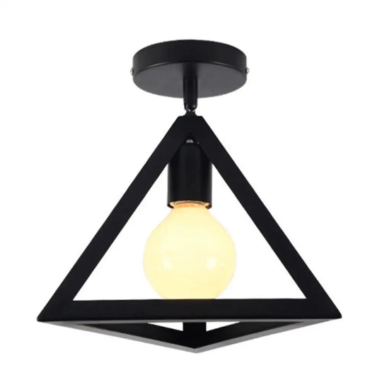 Retro Industrial Ceiling Light Fixture With Wrought Iron Frame - Black / Triangle